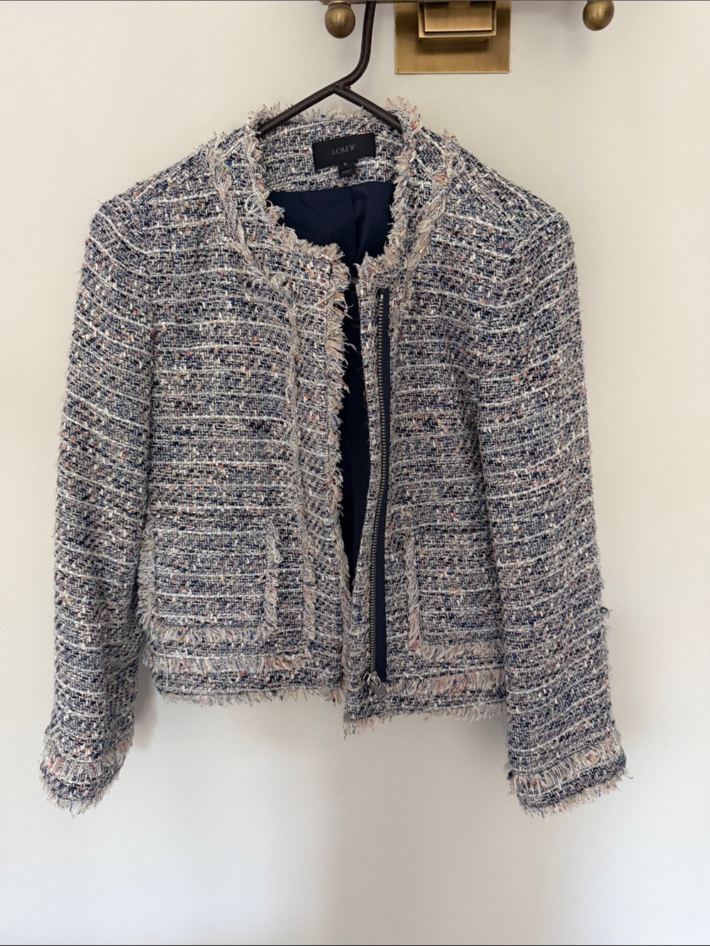 J. Crew Navy Multi Frayed Tweed Cropped Blazer